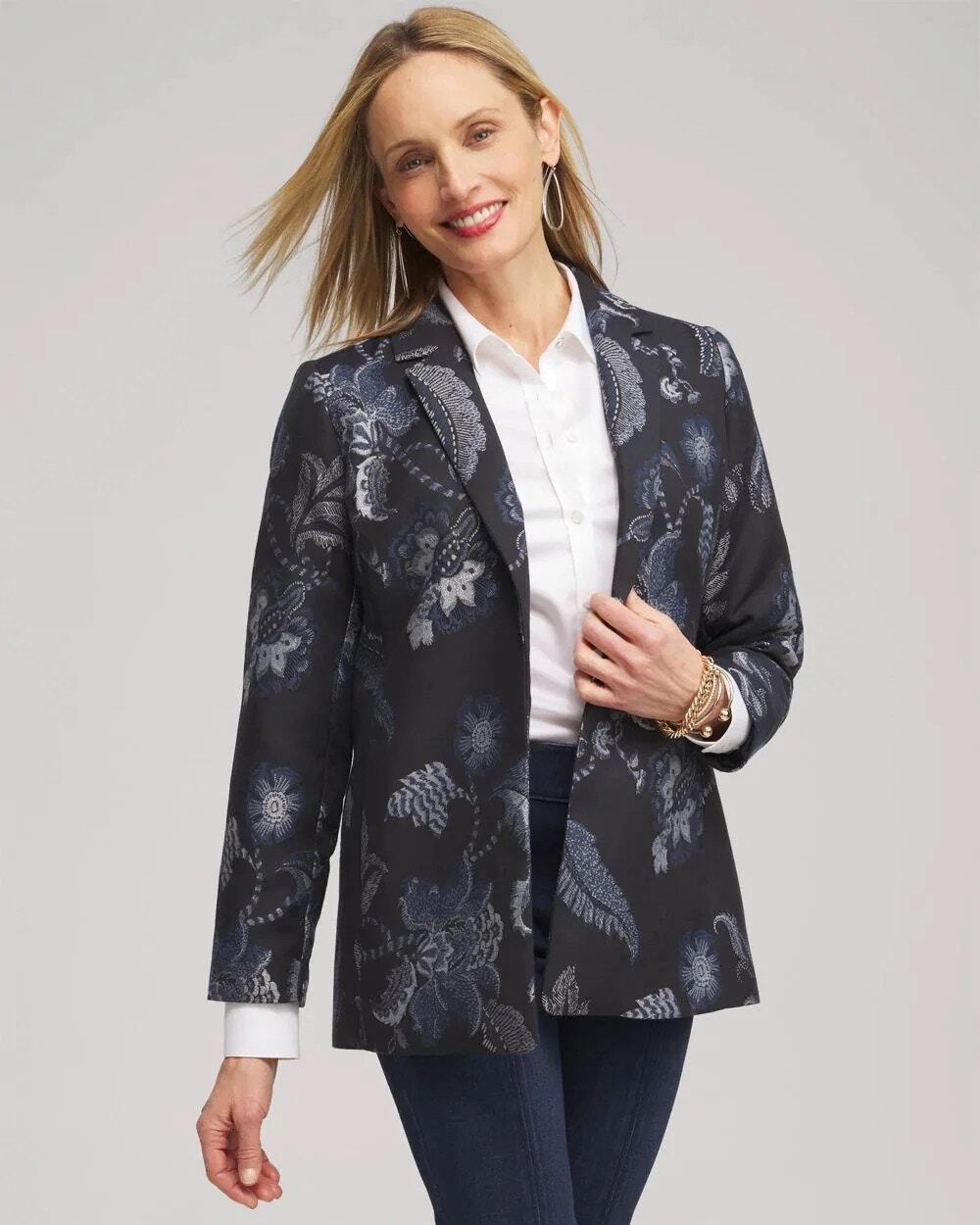 CHICO’S Floral Jacquard Blazer Navy Blue Brocade Jacket Size 1 US 8
